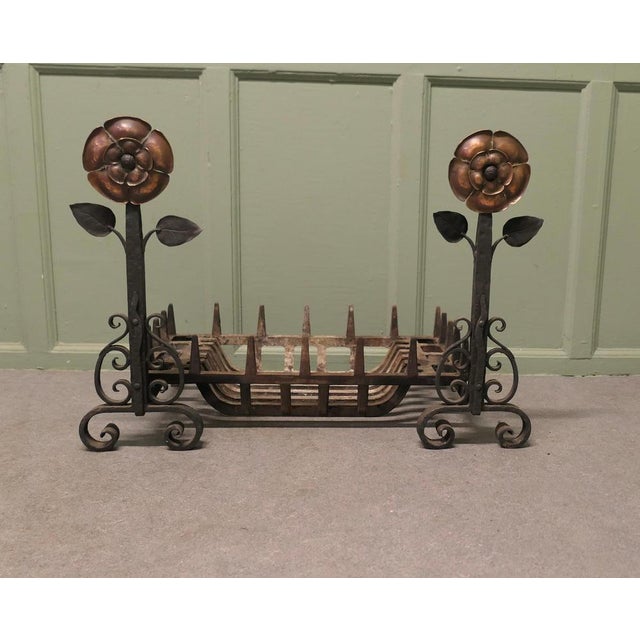 Iron Fire Grate Set on Arts and Crafts Tudor Rose Andirons This is a very stylish grate with large hand Beaten Copper...
