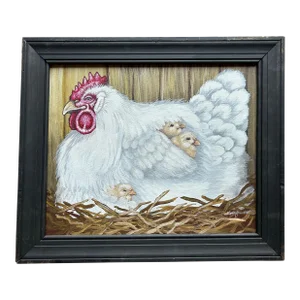 Vintage Oil Painting of Hen With Chicks on Canvas