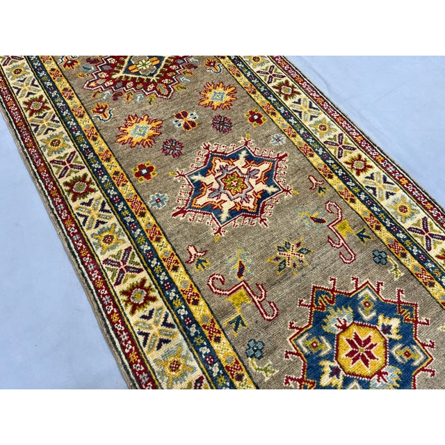 Extra-Long Olive Gold Kazak-Style Wool Runner Rug With Geometric Medallions, 2'7" X 14'8" For Sale - Image 6 of 18