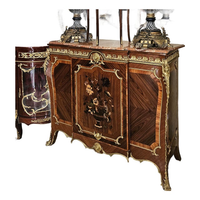 The Gilded Heirloom – Louis XVI-Inspired French Sideboard With Rich Wood Tones, Ornate Bronze Mounts & Gold Leaf Embellishments For Sale