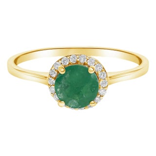 10K Yellow Gold Green Emerald and 1/10 Cttw Diamond Halo Ring, Size 6.5 For Sale