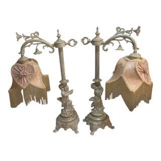 Vintage Cherub Boudoir Lamp Pair — Rococo Revival Putti Bases W/ Fringe Shades For Sale