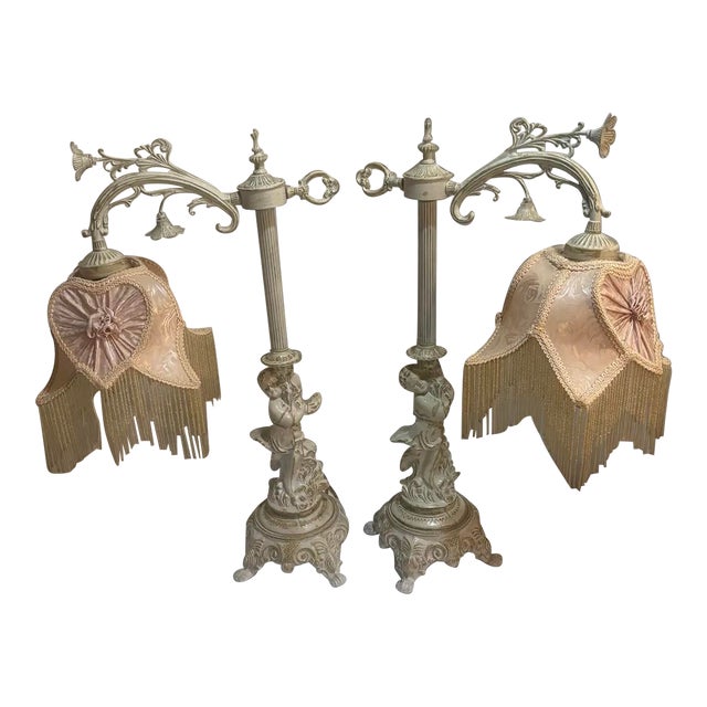 Vintage Cherub Boudoir Lamp Pair — Rococo Revival Putti Bases W/ Fringe Shades For Sale
