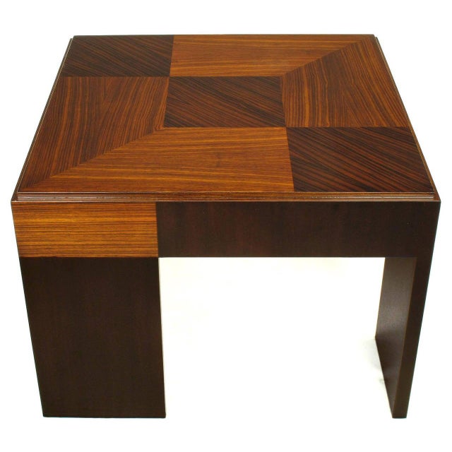 Bexley Heath for John Widdicomb parquetry top petite coffee table. Offset walnut plank legs, bleached and natural Macassar...