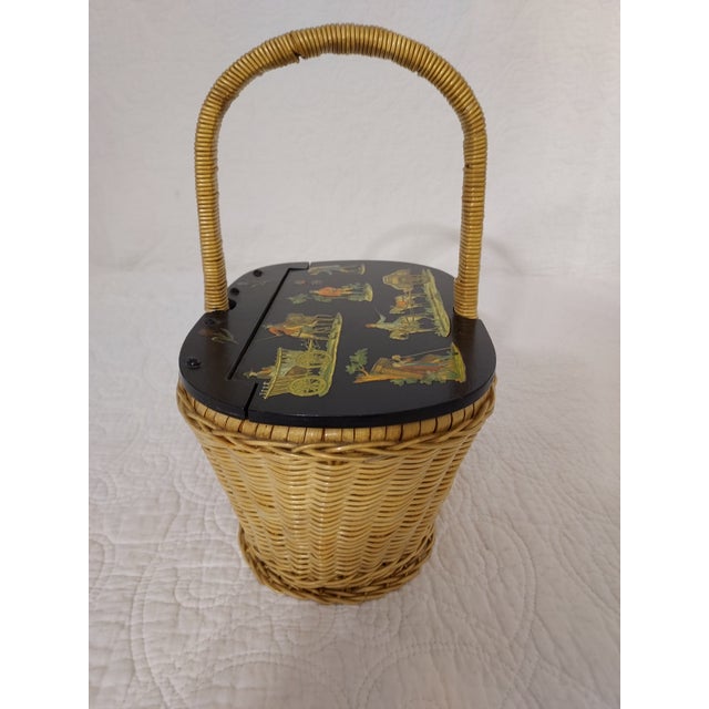 Traditional Decoupage Wicker and Wood Handbag 1973 for Purse, Sewing Basket 11" Wide For Sale - Image 3 of 11