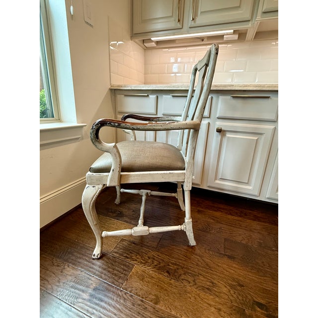 Cream Bespoke 90” Wood & Iron Trestle Dining Table With 8 Custom Swedish Rococo Chairs by Slovack-Bass For Sale - Image 8 of 10
