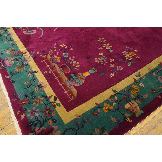 1920s 1920s Raspberry Red Floral Vase Antique Chinese Art Deco Carpet 8' 10" X 11' 6" Knotted Wool Rug For Sale - Image 5 of 9