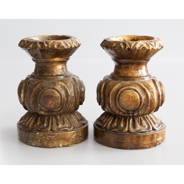 Sculpture Materials Vintage Italian Gilt Pillar Candle Holders Candlesticks - A Pair For Sale - Image 7 of 7