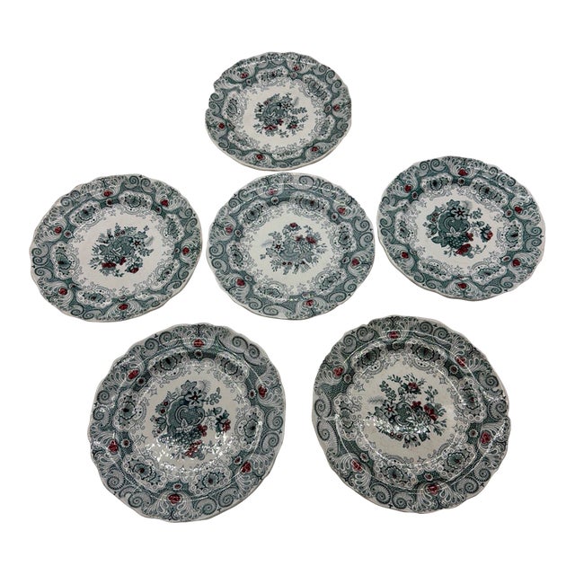 Set of 6 Antique English Adams Green & Red Transferware "Jacobean" Plates For Sale