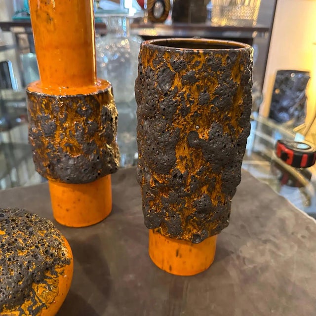 Three 1980s Modernist Orange and Black Fat Lava Ceramic German Vases For Sale - Image 12 of 12