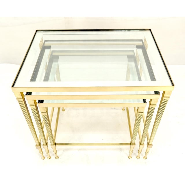 Fine Polished Brass Glass Mirrored Frames Tops Nesting Side Tables Stands Redone For Sale - Image 11 of 16