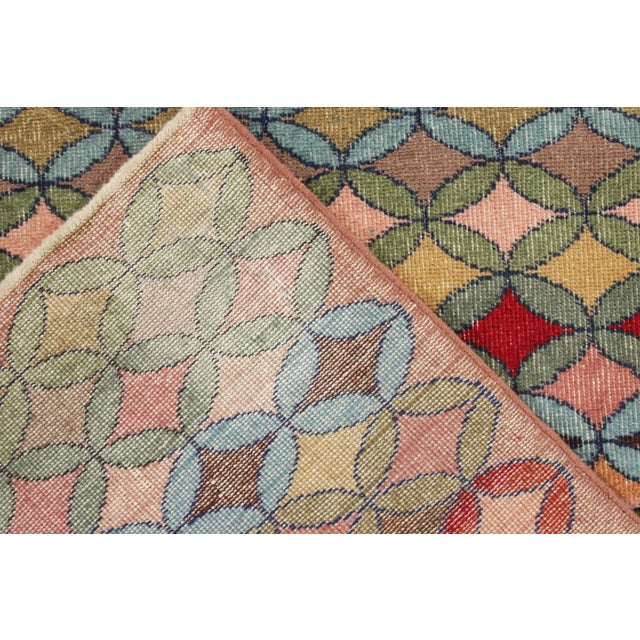 1960s 1960s Vintage Distressed Deco Rug in Green, Blue, Multicolor Geometric Pattern For Sale - Image 5 of 5