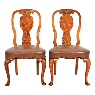 Antique English Queen Anne Burl Wood Side Chairs or Dining Chairs, Circa 1860s For Sale