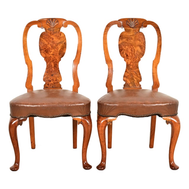 Antique English Queen Anne Burl Wood Side Chairs or Dining Chairs, Circa 1860s For Sale