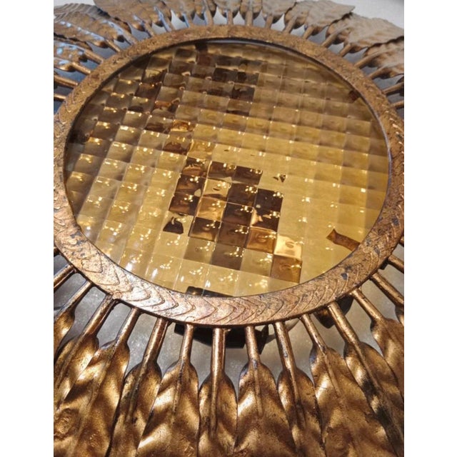 Large Spanish Crown Sunburst Fixture in Gilt Metal Curve Glass, 1950 For Sale - Image 3 of 8