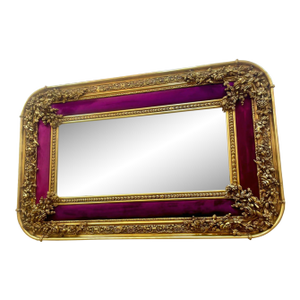 Rococo Style Gold Wall Mirror With Burgundy Velvet Accents & Bronze Details