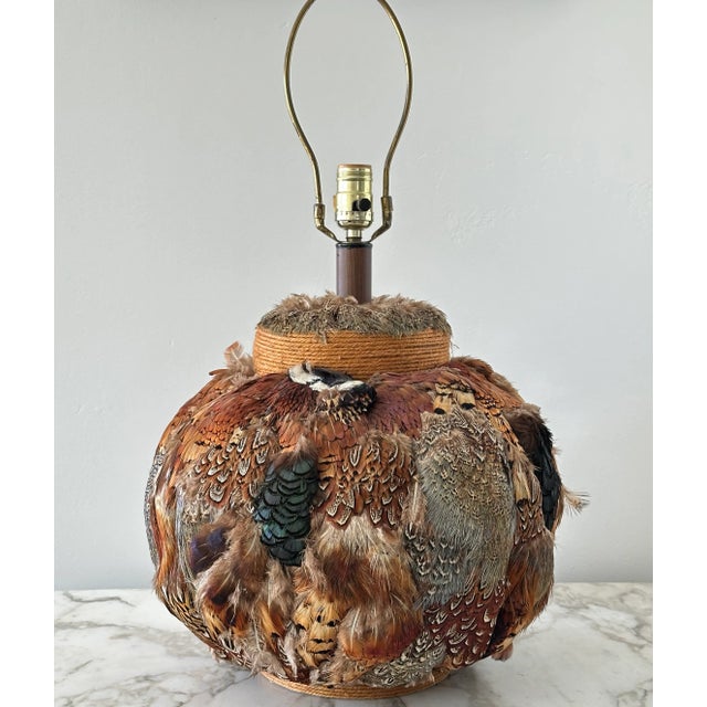 Vintage Round Feathered Table Lamp For Sale - Image 4 of 8