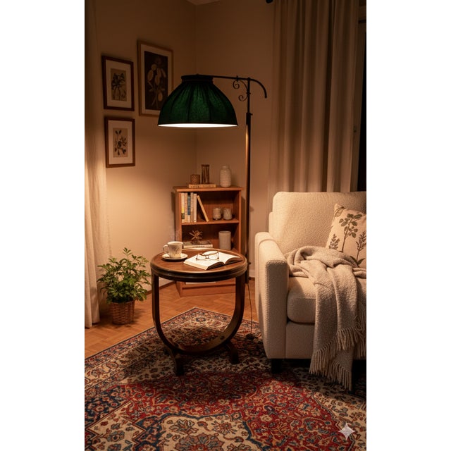 It features elements reminiscent of Art Deco or post-war Modernism design, with curved lines and a combination of...