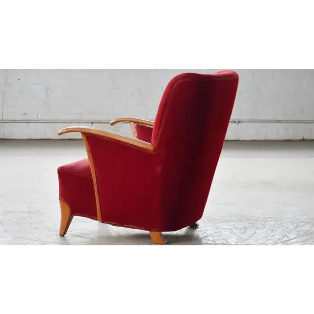 Wood Scandinavian Lounge Chair With Oak Armrest Conical Legs Red Wool, 1940's For Sale - Image 7 of 9