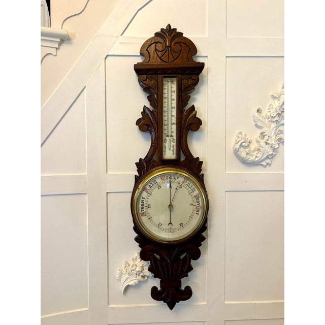 Antique Carved Oak Aneroid Barometer with Thermometer, 1890 For Sale - Image 11 of 11