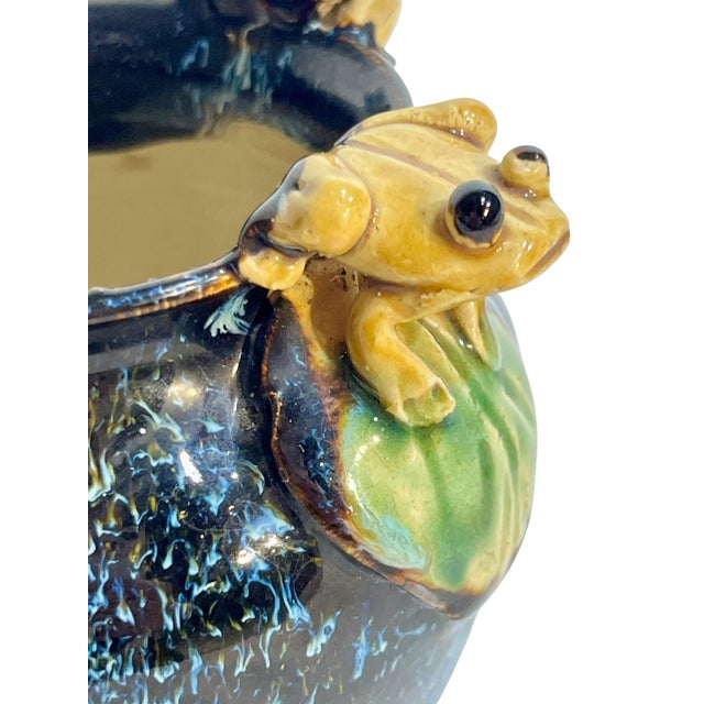 Majolica Vintage Italian Majolica Frog-Handle Cachepot Planter | Blue Glazed Pottery Vase, 4” For Sale - Image 4 of 10