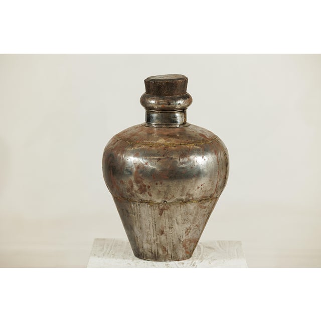 Metal Vintage Indian Handcrafted Metal Water Vessel with Wooden Stopper For Sale - Image 7 of 18