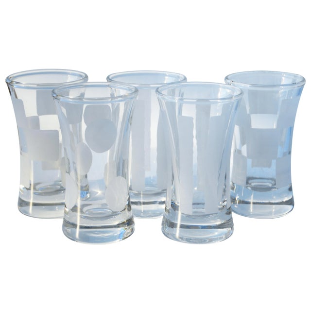 Art Deco Mid 20th Century Shot Glasses W/ Frosted Shapes, S/5 For Sale - Image 3 of 3