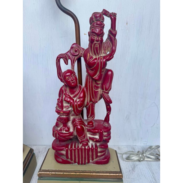 Wood Fine Antique Carved Wood Chinese Immortals Fisherman and Deity Cinnabar Style Finish Pair Lamps For Sale - Image 7 of 12