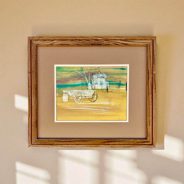 This vintage signed watercolor by artist Leo Thompson features a rural Americana-style landscape with a house, a cart, and...