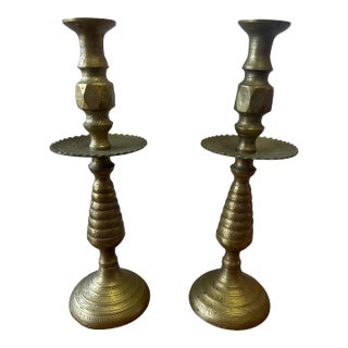 1920s Pair of Moroccan Large Solid Brass Candlesticks For Sale