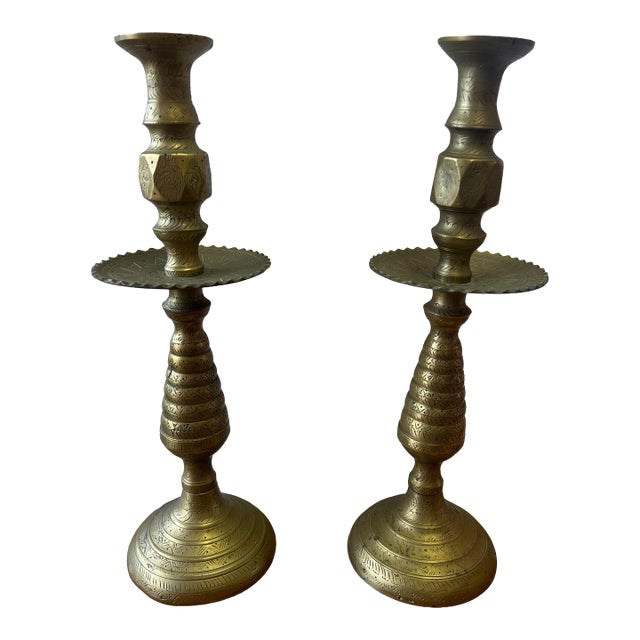 1920s Pair of Moroccan Large Solid Brass Candlesticks For Sale