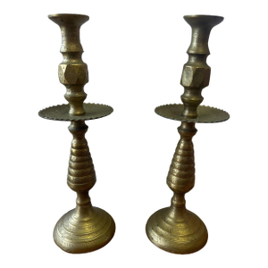 1920s Pair of Moroccan Large Solid Brass Candlesticks