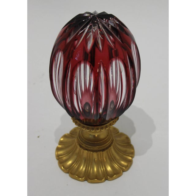 Vintage 1970s Ruby Cut to Clear Crystal Egg on Bronze Doré Greek Key Stand by Baldi Firenze Italy from a Palm Beach...