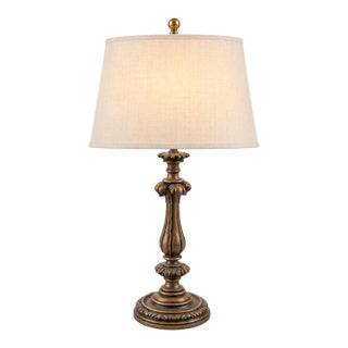 Vintage Neoclassical Acanthus Table Lamp in Aged Bronze With Ivory Linen Shade For Sale