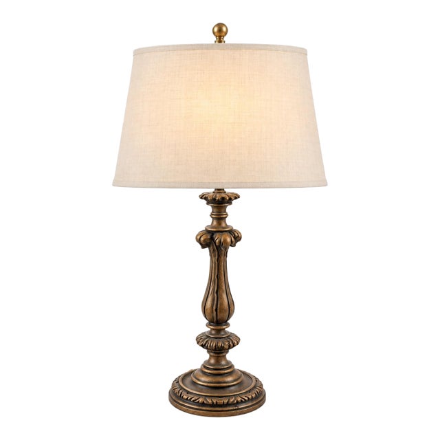Vintage Neoclassical Acanthus Table Lamp in Aged Bronze With Ivory Linen Shade For Sale