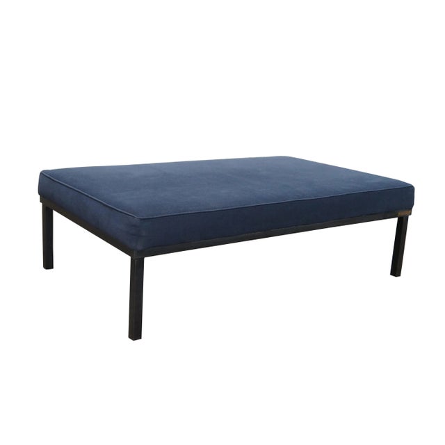 Contemporary Vintage Parsons Style Minimalist Modern Cocktail Table Blue Ottoman Foot Stool Footrest 61" For Sale - Image 3 of 12