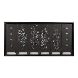 Framed Vintage Chinese Six-Panel Lacquer Mother-of-Pearl Four Seasons Screen For Sale