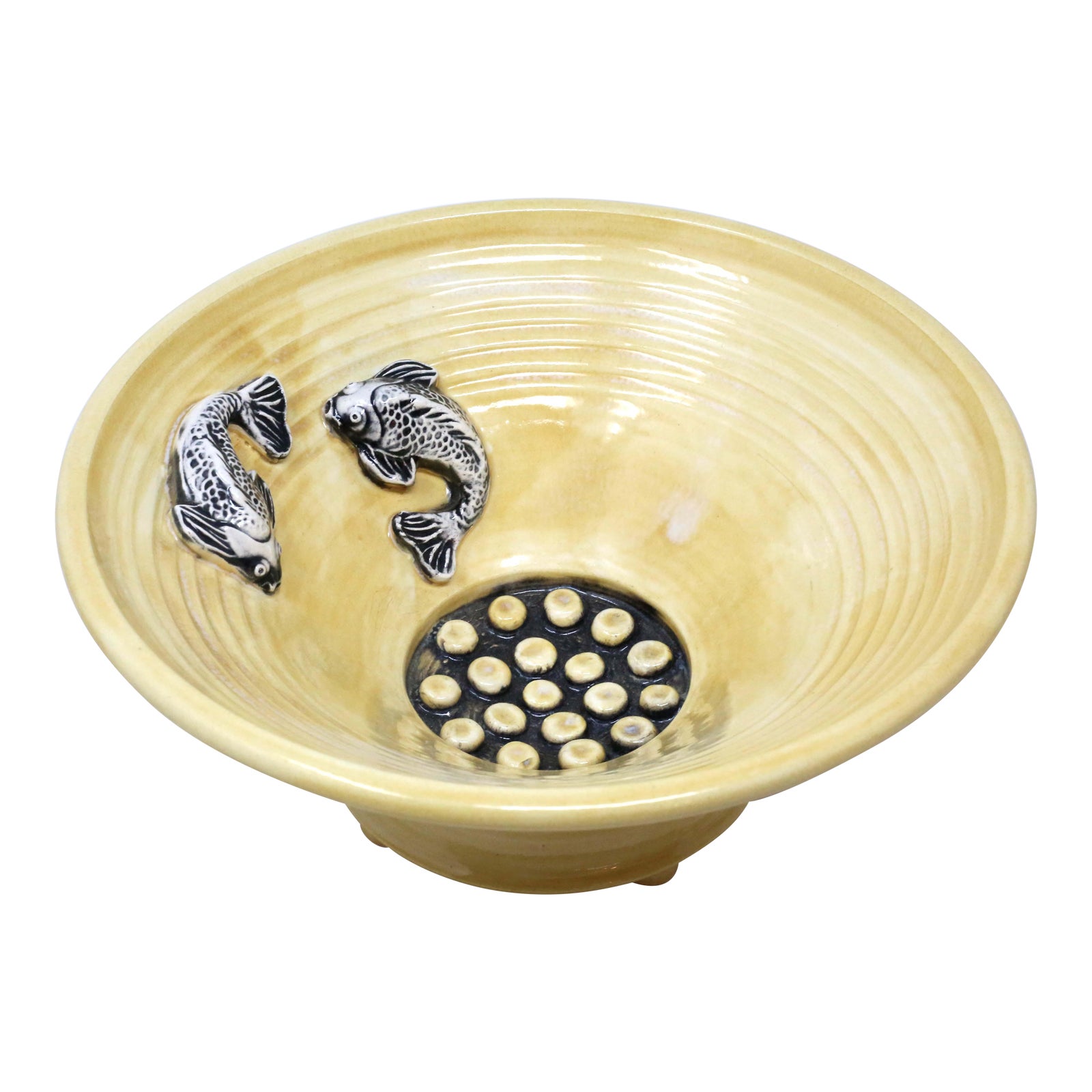 Yellow Flared Ceramic Ikebana Vase With Sculpted Koi Fish Chairish