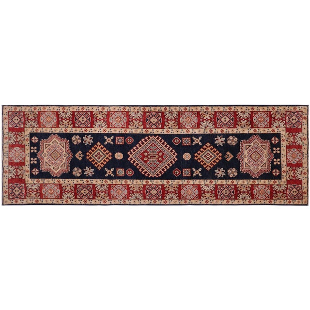 Blue Southwestern Kazak Blue/Red Wool Runner Rug- 2'6''x9'7'' For Sale - Image 8 of 10