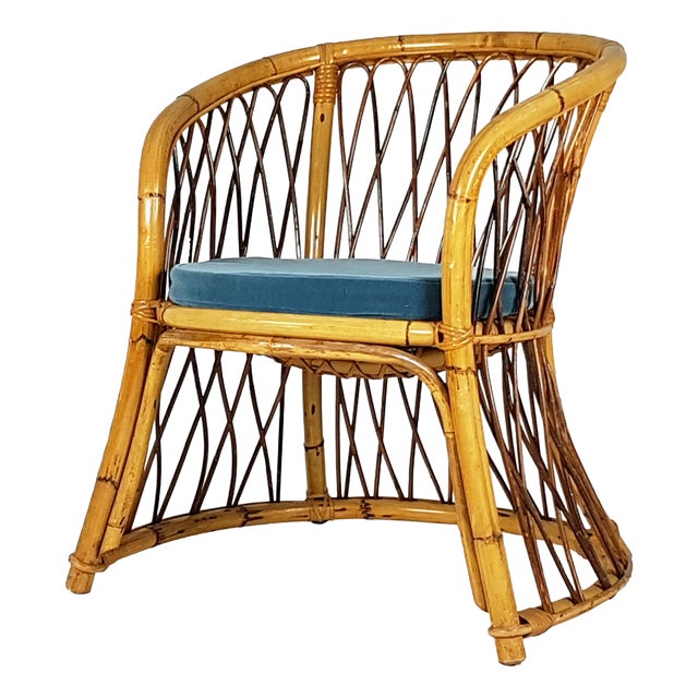 Rush, Rattan and Blue Velvet Armchair, 1960s For Sale