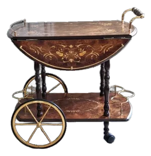 Mid 20th Century Italian Inlay Style Rolling Bar Tea Cart Drop Leaf Sides