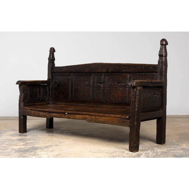 18th Century Spanish Rustic Oak Bench With Carved Panels and Dark Patina For Sale - Image 9 of 18