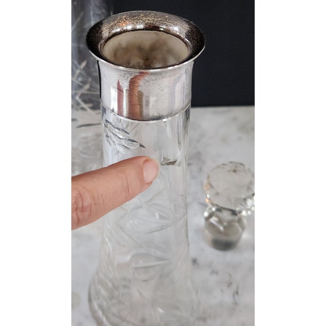 Metal Antique English Sterling Silver & Cut Crystal Decanter Pair — 1899 Birmingham j.g & S Hallmarked, Etched Floral Pattern, Edwardian Bar Cart Accents For Sale - Image 7 of 16