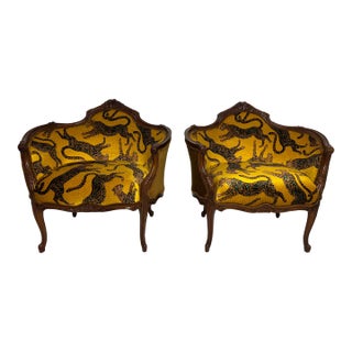 Late 20th Century Decorative Chairs With Ngala Trading Cheetah Kings Fabric in Gold and Velvet Double Welt- Set of 2 For Sale