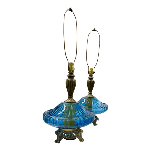 Vintage Monumental Italian Hand Blown Mid-Century Blue Glass and Brass Lamps After Murano-a Pair For Sale