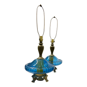 Vintage Monumental Italian Hand Blown Mid-Century Blue Glass and Brass Lamps After Murano-a Pair