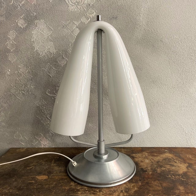 Space Age Table Lamp with Curved Opal Glass Shade and Two Lights attributed to Mazzega For Sale - Image 12 of 12