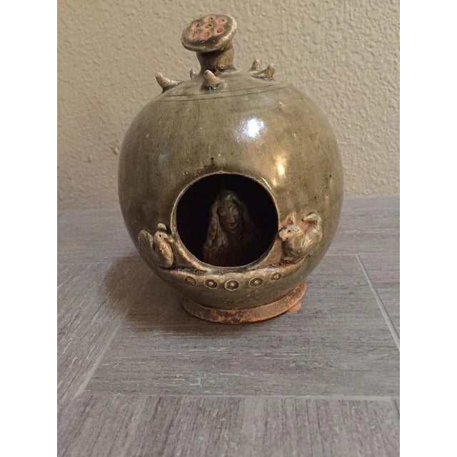 Asian Woman Inside in Olive Glaze Decorative Jar For Sale - Image 4 of 4