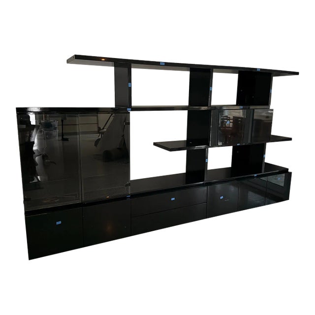Roche Bobois 1980's Custom Black Lacquer Cantilevered Modular Wall Unit For Sale