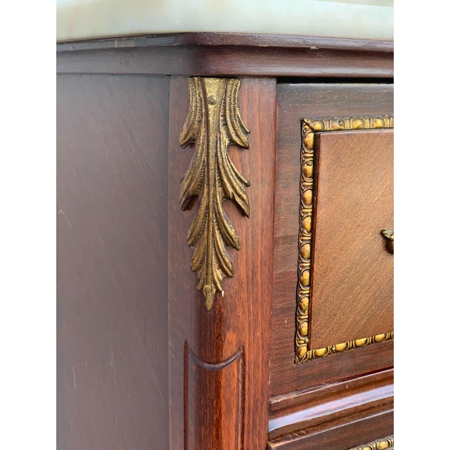 Brown 20th Century Marquetry Chest of Drawers With Bronze Details and Cream Marble Top For Sale - Image 8 of 10